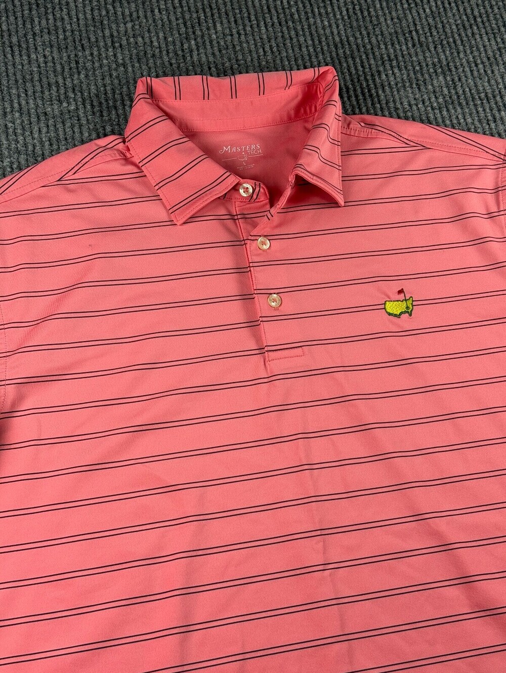 Masters Tech Performance Golf Polo Mens L Augusta Logo Pink Navy Stripe Stretch